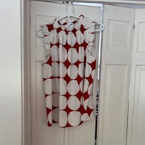 Ces Femme Brown and White Sleeveless Geometric Ruffle-Neck Top